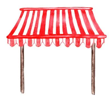 Red and white striped awning with wooden pegs for shop, cafe, street restaurant Illustrazione stock