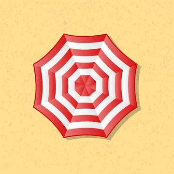 Red and white striped beach umbrella top view on sand background summer Stock Illustration