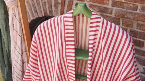 Red and white striped cloth hangs on a green hanger Stock Footage 342213498