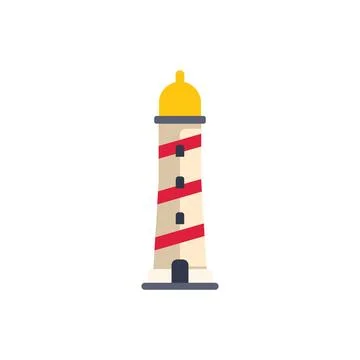 Red and white striped lighthouse guiding ships at night Ilustración de archivo