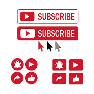 Red and white subscribe button with cursor arrow, share button, bell icon, li Stock Illustration