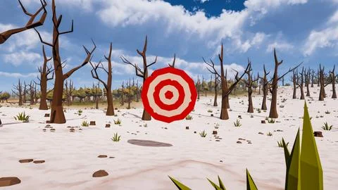 A red and white target with decorative natural elements in low poly 3d render Stock Illustration
