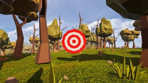 A red and white target with decorative natural elements in low poly 3d render Stock Illustration