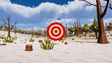 A red and white target with decorative natural elements in low poly 3d render Stock Illustration