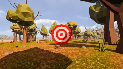 A red and white target with decorative natural elements in low poly 3d render Illustrazione stock