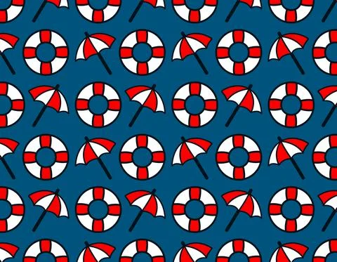 Red and white ubrellas with rounded float over blue navy background Stock Illustration