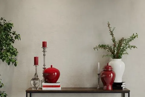 Red and white vase on the table with plants, 3d render Stock Illustration