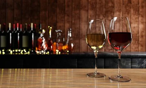 Red and white wine in clear glass, many blurred wine , whisky and brandy bo.. Stock Illustration