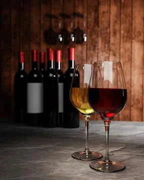 Red and white wine in clear glass, many blurred wine bottle backgrounds Pla.. Stock Illustration