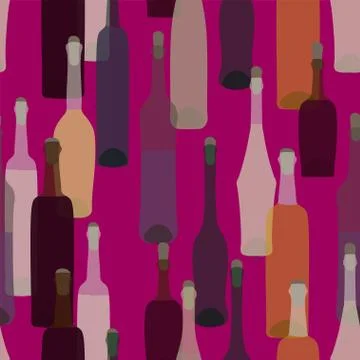 Red and white wine in multi-colored bottles on a burgundy background. Vector Stock Illustration