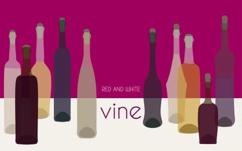 Red and white wine in multi-colored bottles on a burgundy background. Vector Stock Illustration