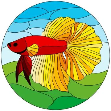Red and yellow betta fish stained glass round pattern vector illustration Stock Illustration