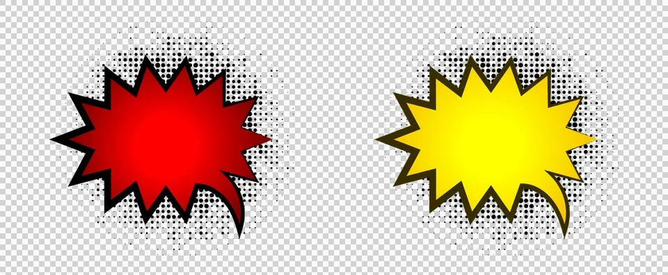 Red and yellow comic explosion burst speech bubbles with black outline on w.. Stock Photos
