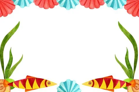 Red and yellow fish, shells and seaweeds. Marine underwater frame, watercolor Stock-Illustration
