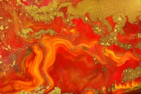 Red and yellow fluid pattern with gold particles. Stock Illustration