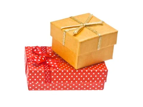 Red and yellow gift boxes with ribbon Stock Photos
