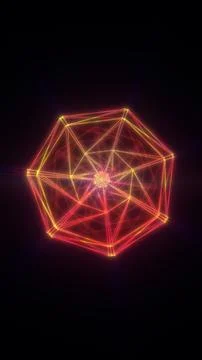 Red and yellow glowing wireframe polyhedron on a dark background, represent.. Stock Illustration