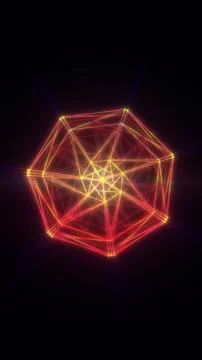 Red and yellow glowing wireframe polyhedron on a dark background, represent.. Stock Illustration
