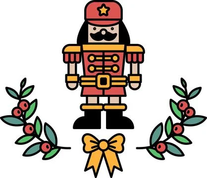 A red and yellow nutcracker stands in front of a wreath of leaves and berries Stock Illustration