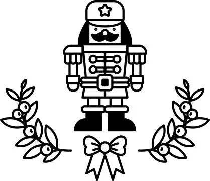 A red and yellow nutcracker stands in front of a wreath of leaves and berries Illustrazione stock