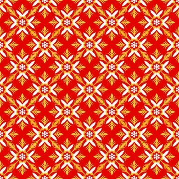 A red and yellow patterned fabric with flowers and leaves Stock Illustration
