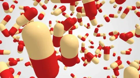 Red and yellow pills falling on white background, Medicine over white background Stock Illustration