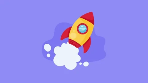 Red and yellow rocket launching with white smoke trail on purple background.. Stock Footage 333428692