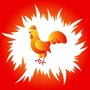 Red and yellow rooster in a red fire frame Stock Illustration