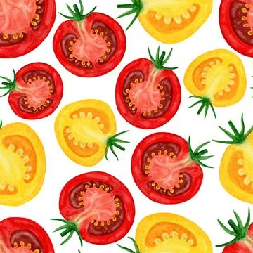 Red and yellow slice tomatoes seamless pattern isolated on white background Stock Illustration
