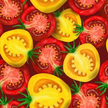 Red and yellow slice tomatoes seamless pattern isolated on dark background Stock Illustration