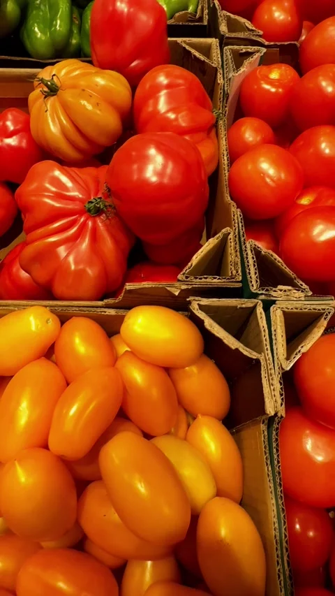 Red and Yellow Tomatoes in Boxes at Market Video stock 340340775