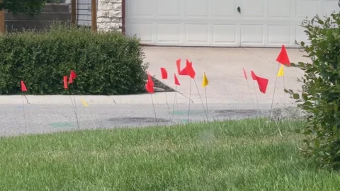 Red and yellow utility marking flags placed on a suburban street and lawn Stock Footage 339255295