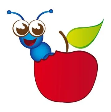 Red apple and blue worm cartoon isolated over white background. vector Stock Illustration