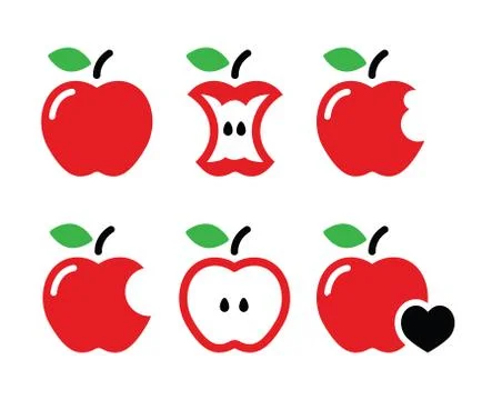 Red apple, apple core, bitten, half vector icons Stock Illustration