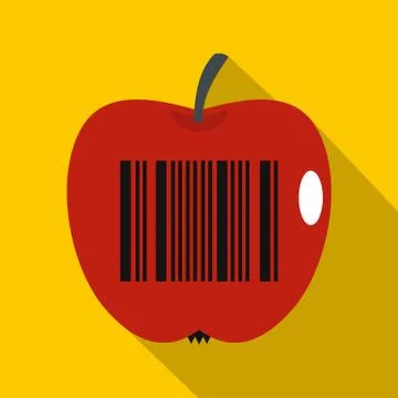 Red apple with barcode icon, flat style Stockillustratie
