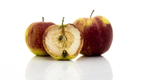 Red apple becomes dry and wrinkled. Half cutted fruit dehydrates quickly. Fast Stock Footage 240904343