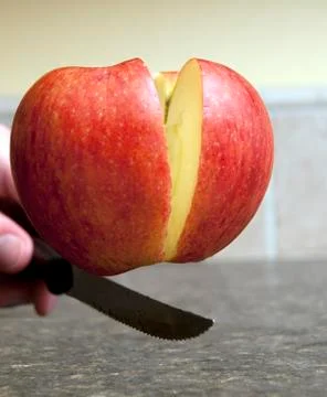 Red apple being cut in half with a sharp knife being held up by one single to Stock Photos