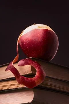 Red apple on book stack on black background Stock Photos