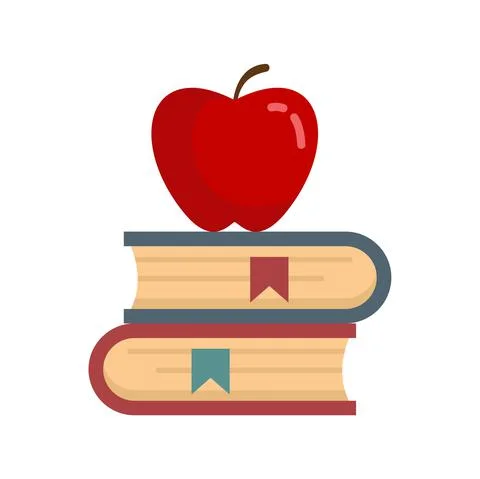 Red apple on book stack icon flat isolated vector Stock Illustration