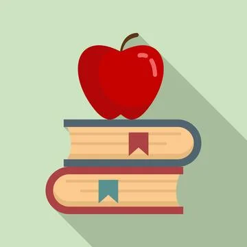 Red apple on book stack icon, flat style Stockillustratie