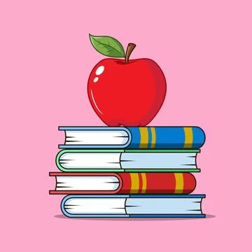 Red Apple on Book Stack Vector Illustration Flat Design Stock Illustration