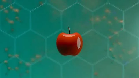 Red apple centered in front of molecular hexagon grid pattern green backgro.. Stock Illustration