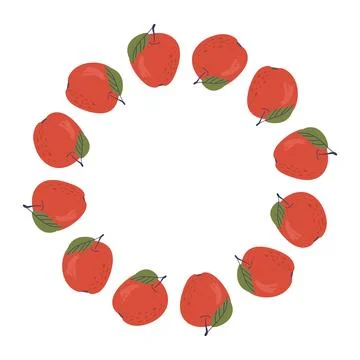 Red apple circle frame. Vector wreath of whole ripe apples with leaf. Ilustração Stock