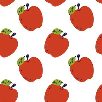 Red apple fruit with leaf. Seamless pattern. Hand drawn vector illustration.  Stockillustratie