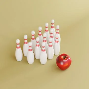 Red Apple fruit standing with bowling on yellow background. Fruit Minimal Stock Illustration