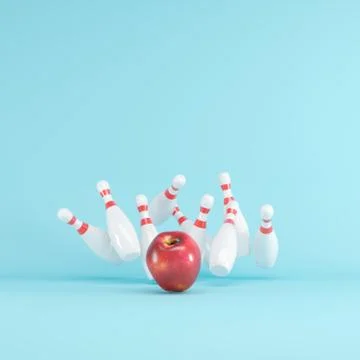 Red apple fruit strike with bowling on blue background. Fruit Minimal ideas c Stock Illustration