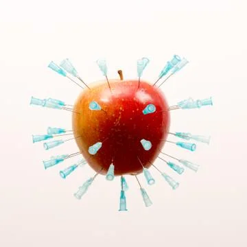 A red apple full of hypodermic needles, isolated on white background. Photos