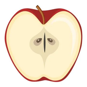Red apple with green leaf and half apple, fruit slices and pieces in cartoon Stock Illustration
