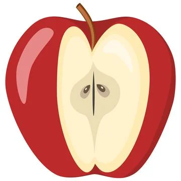 Red apple with green leaf and half apple, fruit slices and pieces in cartoon Stock Illustration