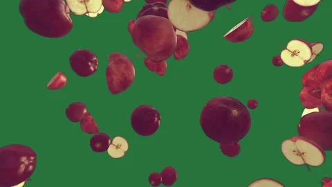 A red apple on green screen and bunch of white flowers apples falling into the Stock-Footage 335130436